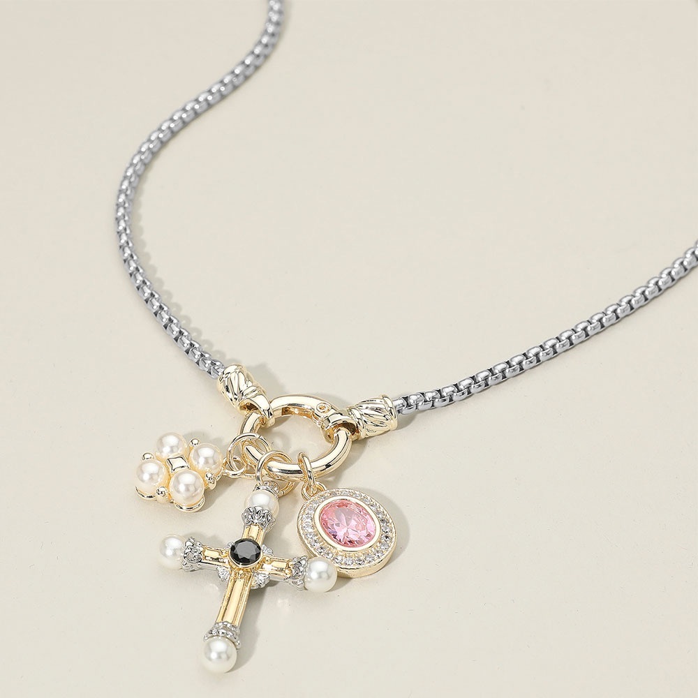 14KGold Plated Two Tone CZ Stone Pearl Cross Oval Cluster Charm Pendant Necklace